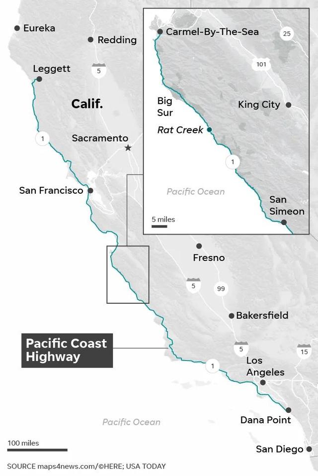 加州的太平洋海岸高速公路坠入大海 