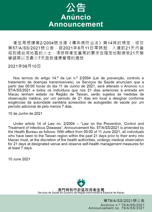6月11日起，台湾入境澳门旅客将面临“21+7”的防疫措施