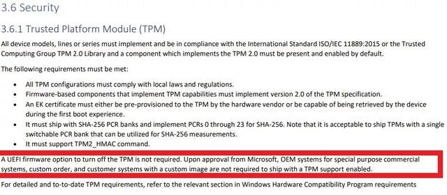 虽然微软强烈要求 TPM 2.0，但 OEM 仍可推出无 TPM 的 Win11 PC