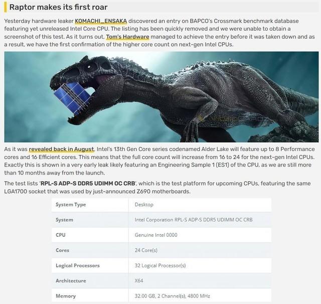 性能炸裂！Intel 13代酷睿首次现身：8大核+16小核、32线程
